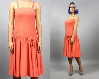 Vintage Coral Pink Mod Dress. Drop Waist Peach Summer Dress, S