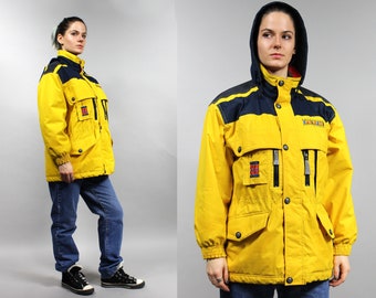 90s Hooded Yellow Ski Snowboarding Jacket, Vintage Skiing Warm Puffer Parka Coat M / L