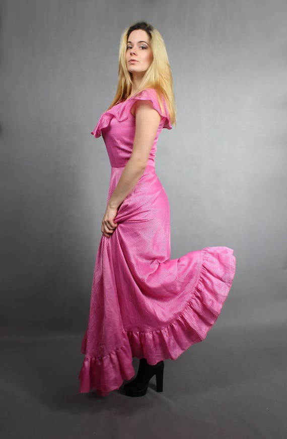 70s Maxi Empire Waist Pink Flared Maxi Dress Gown… - image 3