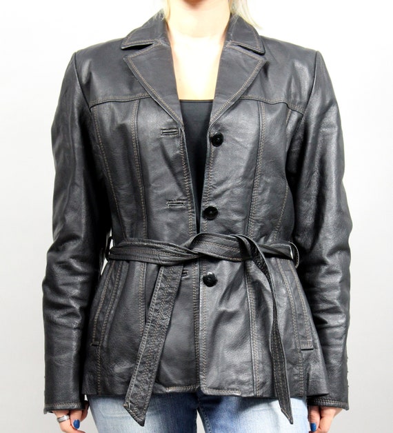 Vintage Warm Leather Trench Coat Jacket, Small S - image 3