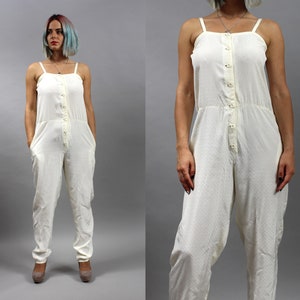 80s Minimalist Silky Jumpsuit Onesie. Vintage Off White Summer Overalls Pants, Small S image 1