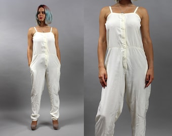 80s Minimalist Silky Jumpsuit Onesie. Vintage Off White Summer Overalls Pants, Small S