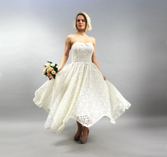 60s Vintage Strapless Corset Wedding Dress Boho Lacy Bridal Etsy