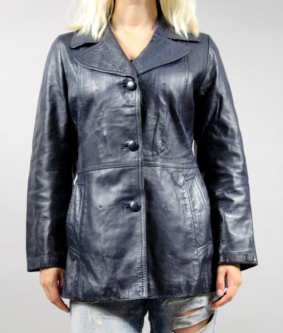 80s Dark Blue Leather Jacket . Leather Patchwork … - image 3