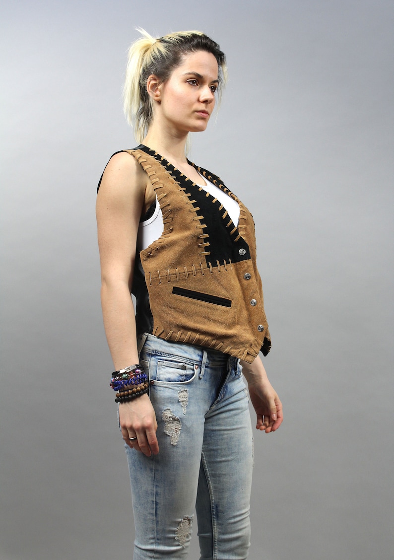 Southwestern Genuine Leather Waistcoat Vintage Patchwork Suede Cowgirl Vest Large L