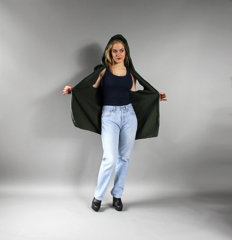 Vintage Urban Moss Green Jacket Avant Garde Cropped Sleeveless Warm Blazer top Sz L 90s Fluffy Faux Fur Hooded Waistcoat Long Hoodie Vest