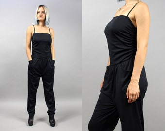 80s Sexy Draped Open Shoulders Overall, Party Evening Jumpsuit, Medium M