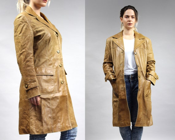 70s Brown Long Leather Trench Coat, Vintage Padded