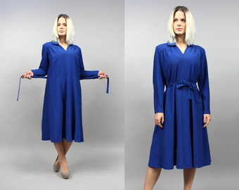 Vintage 80s Indigo Mod Minimalist Belted Dress . L Large