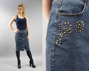 90s Sequin Embellished Denim Skirt . Pencil Grunge Jeans Skirt . M Medium