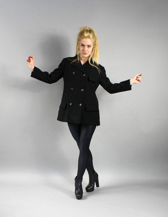 HETTEMARKS Black Wool Swing Double Breasted Coat, Vintage A HETTEMARKS Black Wool Swing Double Breasted Coat, Vintage A