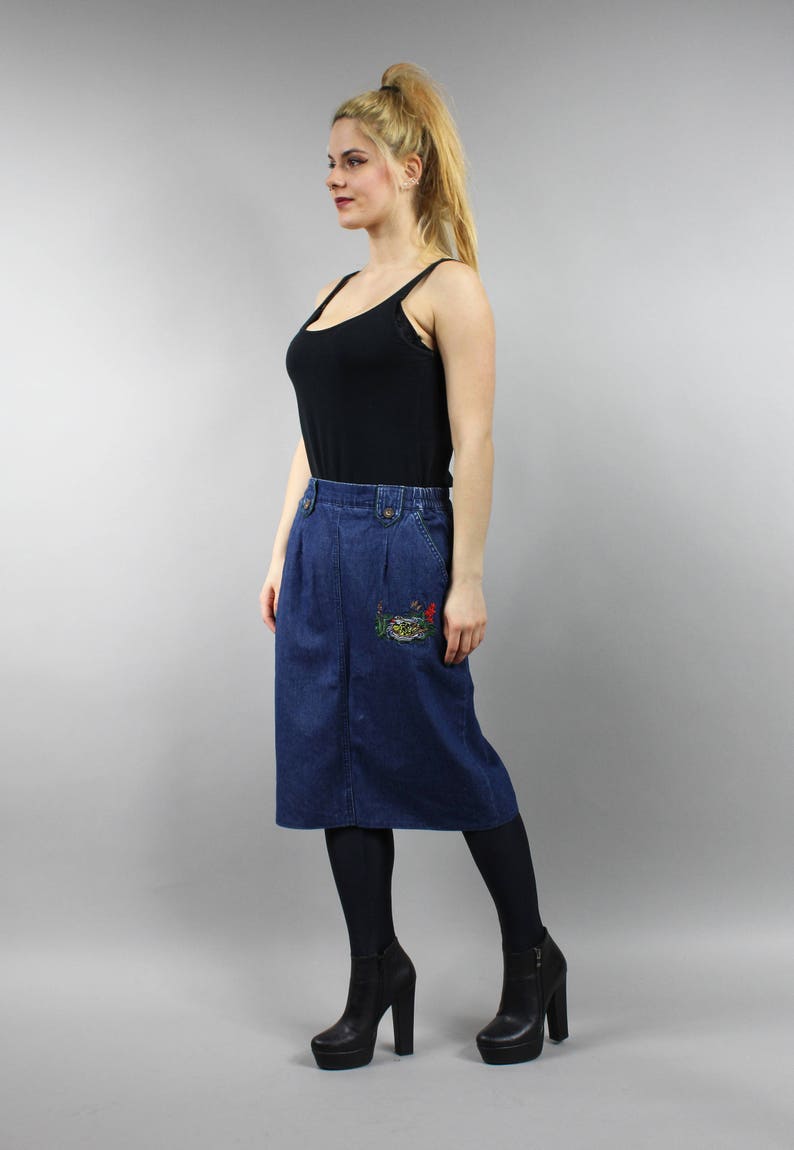 Bird Print Blue Denim Skirt Vintage Boho Preppy Denim Skirt Retro 70s Western Midi Skirt L Large Duck Embroidery Pencil Hippie Jean Skirt