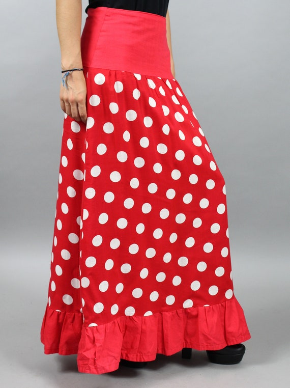 70s Polka Dots Maxi Red Skirt, Floor Vintage Leng… - image 5