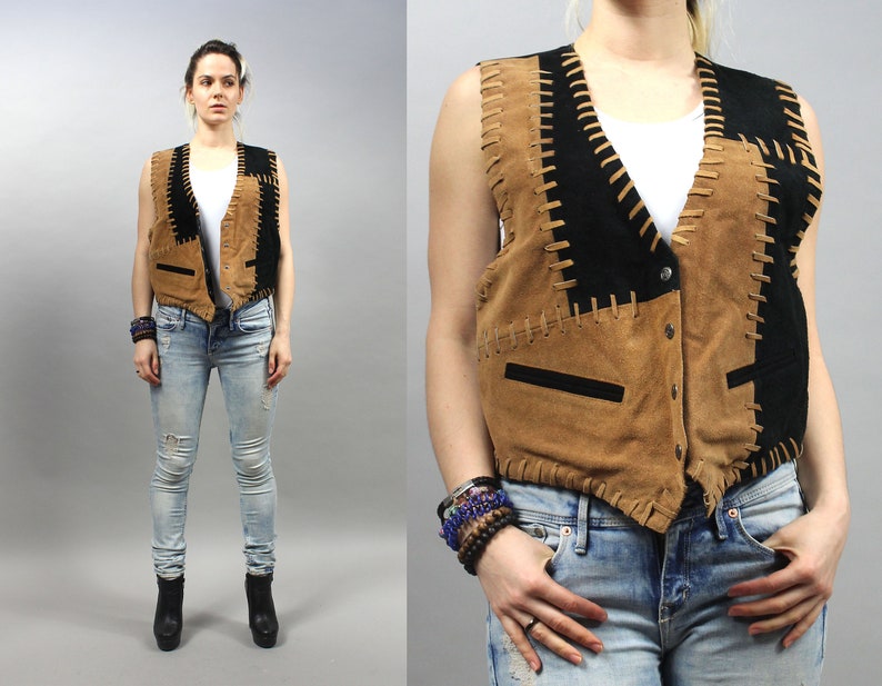Southwestern Genuine Leather Waistcoat Vintage Patchwork Suede Cowgirl Vest Large L