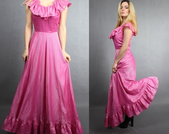 70s Maxi Empire Waist Pink Flared Maxi Dress Gown.  S