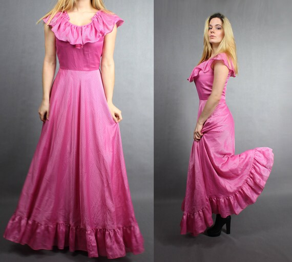 70s Maxi Empire Waist Pink Flared Maxi Dress Gown.