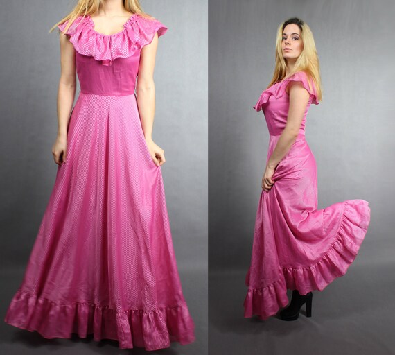 70s Maxi Empire Waist Pink Flared Maxi Dress Gown… - image 1