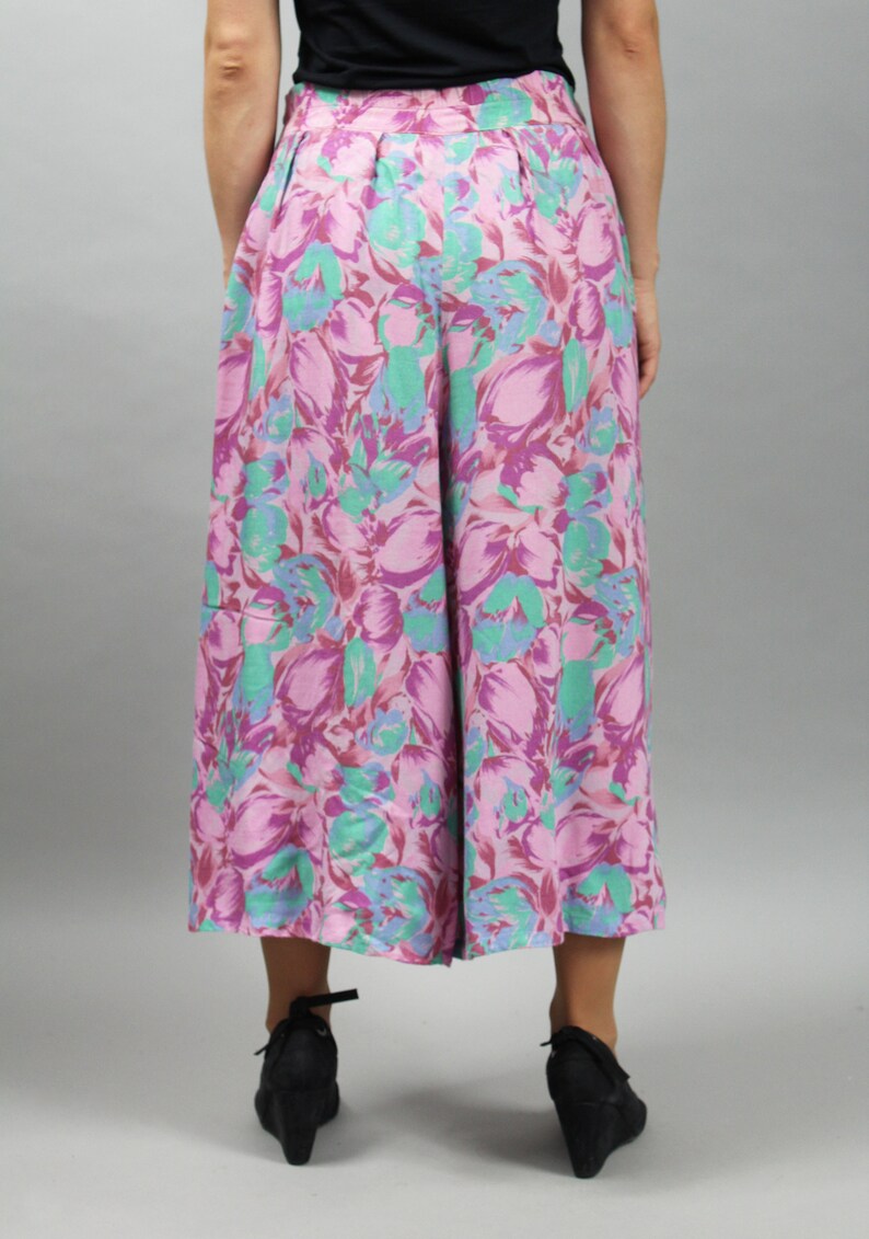 90s Boho Palazzo Pants. Purple Culottes. Abstract Floral Print Baggy Pleated Skorts. Vintage Baggy High Waist Trousers. S Small image 7