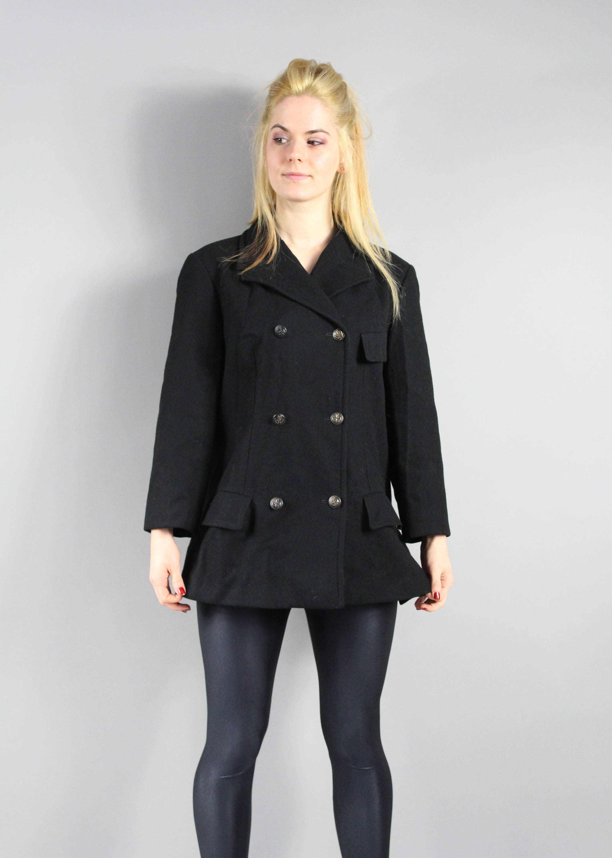 HETTEMARKS Black Wool Swing Double Breasted Coat, Vintage A HETTEMARKS Black Wool Swing Double Breasted Coat, Vintage A