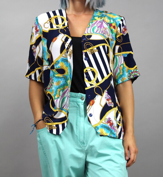 80s Nautical Baroque Blouse, Summer Colorful Shir… - image 3