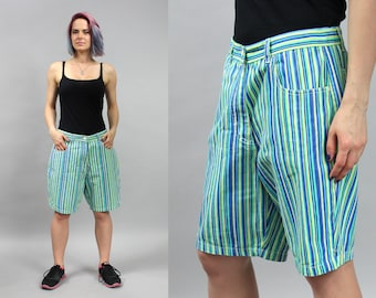 90s Green Blue Striped Cotton Womens Shorts Summer Hipster High Waist Wide Leg Vintage Short Pants Beach Festival Relaxed Fit Shorts L Large