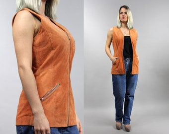 90s Suede Leather Long Orange Vest, Rocker Festival Fitted Zippered Waistcoat, Small S