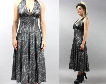 90s Metallic Halter Neck Cocktail Dress, Vintage Black Flared Evening Gown, S to M