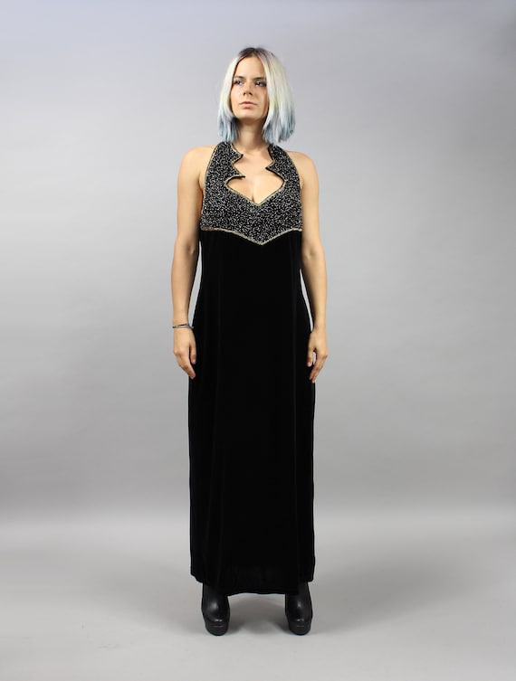 Vintage Velvet Halter Neck Beaded Maxi Dress. Larg
