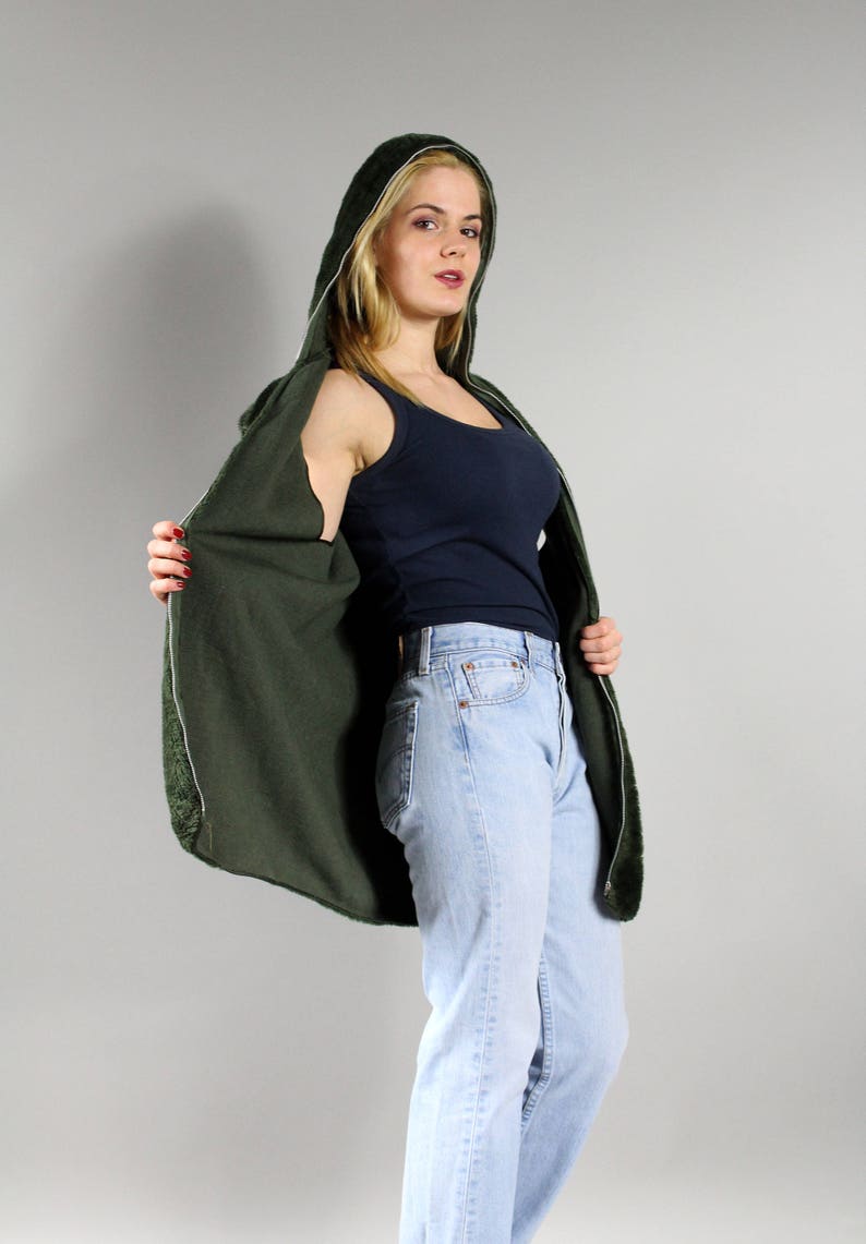 Vintage Urban Moss Green Jacket Avant Garde Cropped Sleeveless Warm Blazer top Sz L 90s Fluffy Faux Fur Hooded Waistcoat Long Hoodie Vest