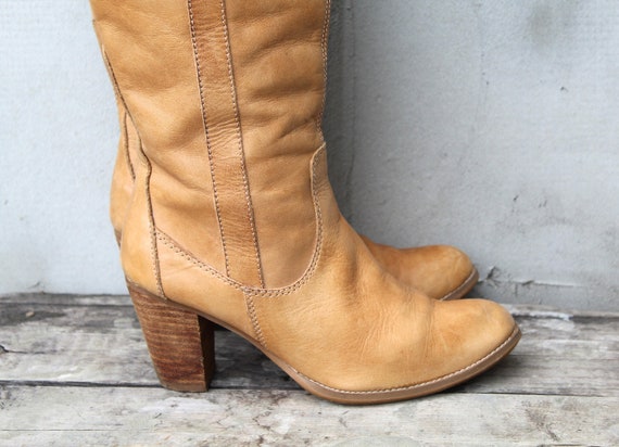 90s Tan Brown Leather High Calf Boots, High Heel … - image 6