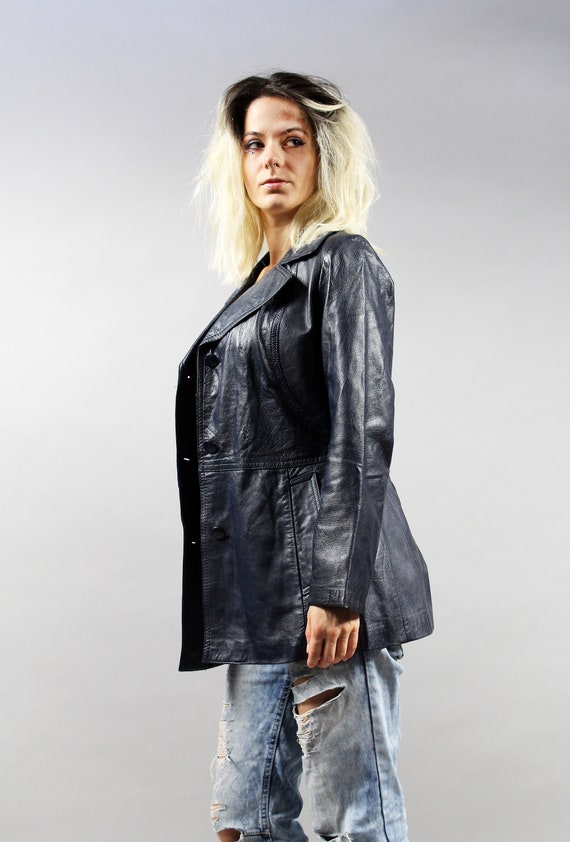 80s Dark Blue Leather Jacket . Leather Patchwork … - image 8