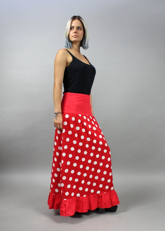 70s Polka Dots Maxi Red Skirt, Floor Vintage Leng… - image 4