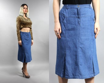 90s Stretchy Waist Denim Skirt, Vintage Blue Hipster Preppy Midi Jean Skirt with Pockets, Small S