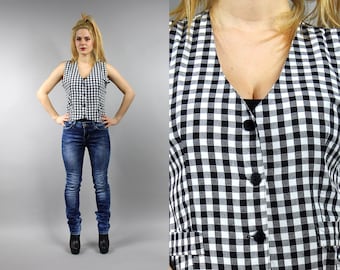 90s Vintage Checkered Cotton Summer Shirt, Black White Vest Blouse, Medium M