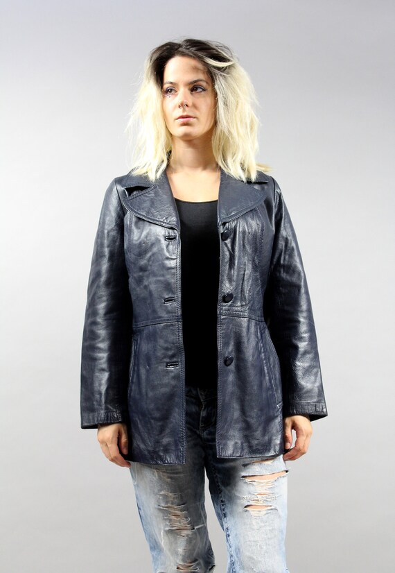 80s Dark Blue Leather Jacket . Leather Patchwork … - image 5