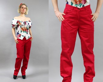 90s Red Cotton Baggy Pants. High Waisted Mom Trousers,  M