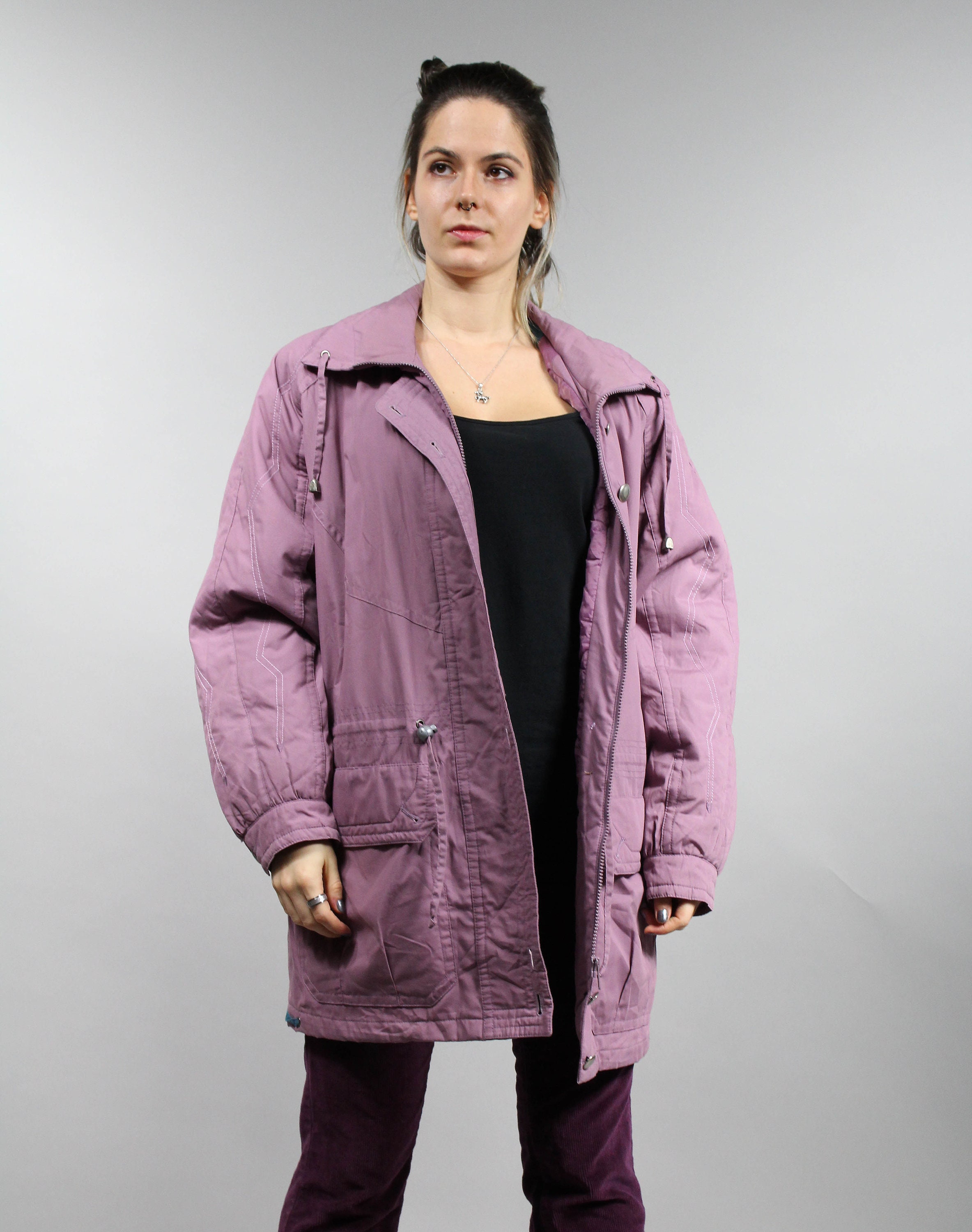 90s Purple Warm Midi Parka Coat. Lightweight Long Coat 90s Purple Warm Midi Parka Coat. Lightweight Long Coat