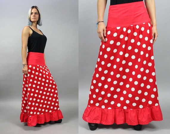 70s Polka Dots Maxi Red Skirt, Floor Vintage Leng… - image 1
