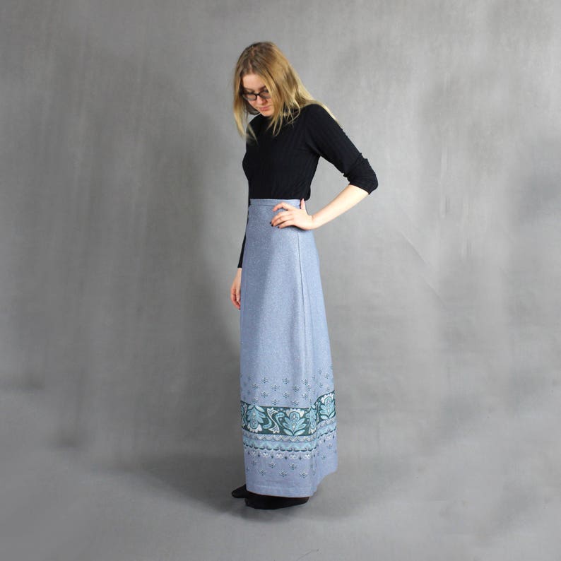 70s Vintage Gray Metallic Maxi Skirt Flared A-line Floor Length Boho Hippie Skirt Size M Floral Print Full Length Long High Waist Skirt