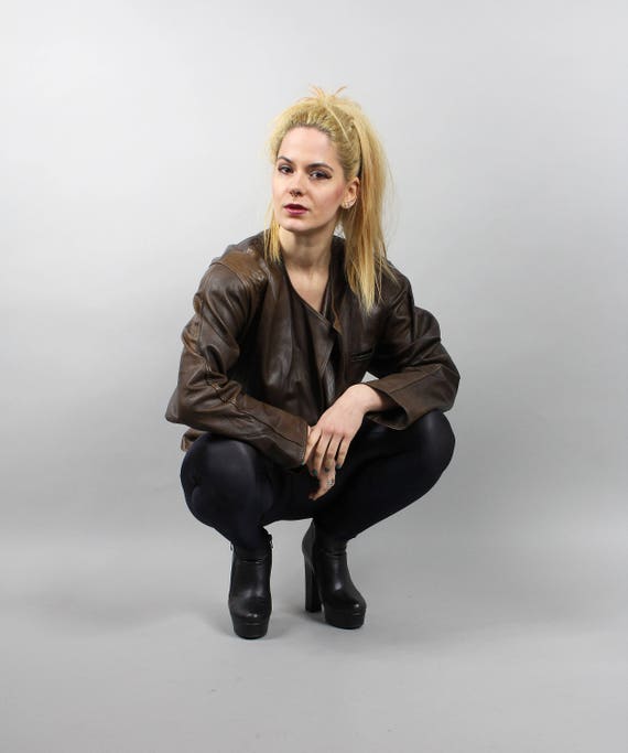 80s Cropped Leather Jacket Vintage Brown Genuine 80s Cropped Leather Jacket Vintage