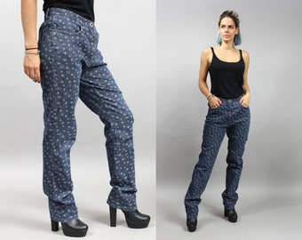 Vintage Regular Fit Patterned Stretchy Jeans, Straight Leg Denim Pants. M