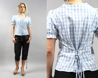 80s Tie Back Checked Ruffled Peasant Blouse Summer Vintage Puff Sleeve Blue Trachten Shirt Prairie Peasant Bohemian Blouse Cotton top M