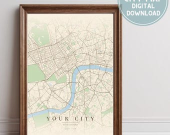 Custom Map Digital Download Vintage colours, Pick your size Custom City Map, Old map, City Print, Custom Hometown, Retro map print