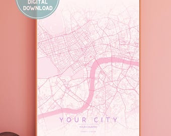 Custom Map Digital Download Pastel colours, Pick your size Custom City Map, Valentines Day Gift, City Print, Custom Hometown, Pink map print