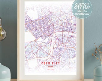 Custom Map Digital Download Pop Art style, Pick your size Custom City Map, Stylish map decor, City Print, Custom Hometown, Modern map print
