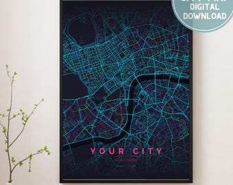 Custom Map Digital Download Neon colours, Pick your size Custom City Map, Neon Tokyo, City Print, Custom Hometown, Cyberpunk map print
