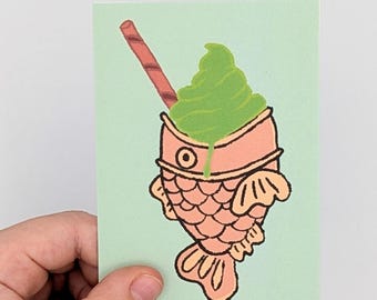 Taiyaki matcha ice cream mini print 10cm x 7cm, japanese prints FSC paper cotton, Japan art, japandi decor, watercolour print wall art decor