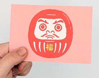 Daruma mini print 10cm x 7cm, japanese prints FSC paper cotton, Japan art, japandi decor, watercolour print, wall art decor