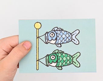 Koinobori mini print 10cm x 7cm, japanese prints FSC paper cotton, Japan art, japandi decor, watercolour print, wall art decor