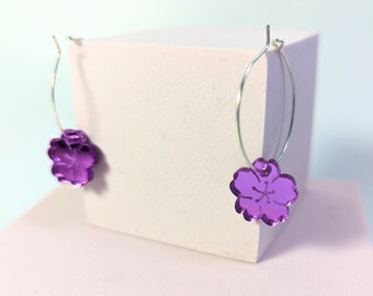 Flower earrings in purple mirror acrylic hoop earrings / Sakura earrings Sterling silver hoops / Cherry blossom Acrylic jewelry earrings